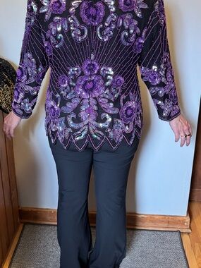 Elegant Sequin-Embellished Purple Blouse and Black Pants Set
